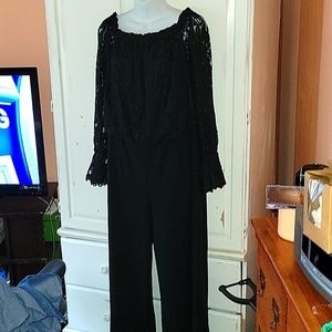 Adrianna Papell Blace Lace and crepe off shoulder jumpsuit